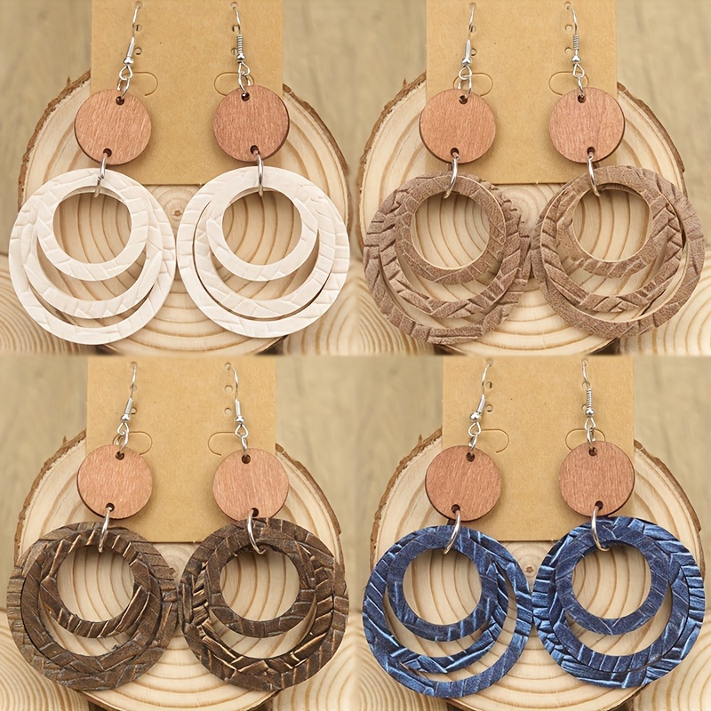 Bohemian Style PU Leather Stacked Wooden Earrings